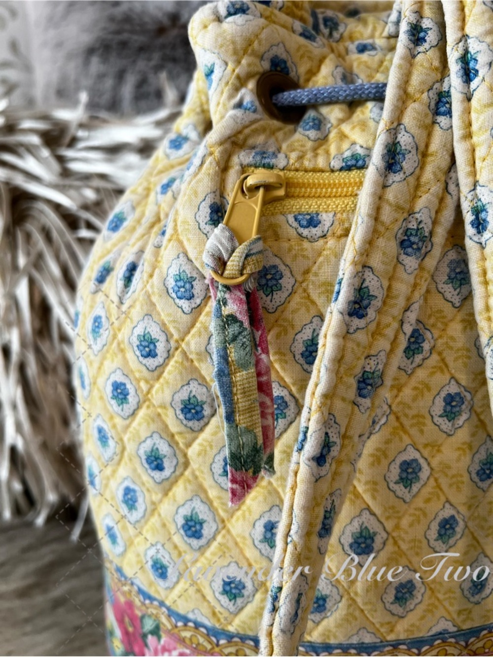 Vintage VERA BRADLEY Elizabeth 1997 Flap Drawstring Backpack Yellow Blue Indiana - Picture 7 of 16